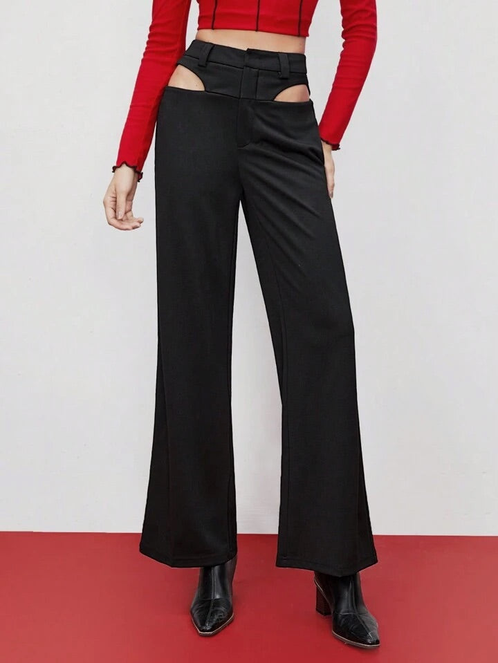 CM-BS398449 Women Elegant Seoul Style High Waist Hollow Out Pants - Black