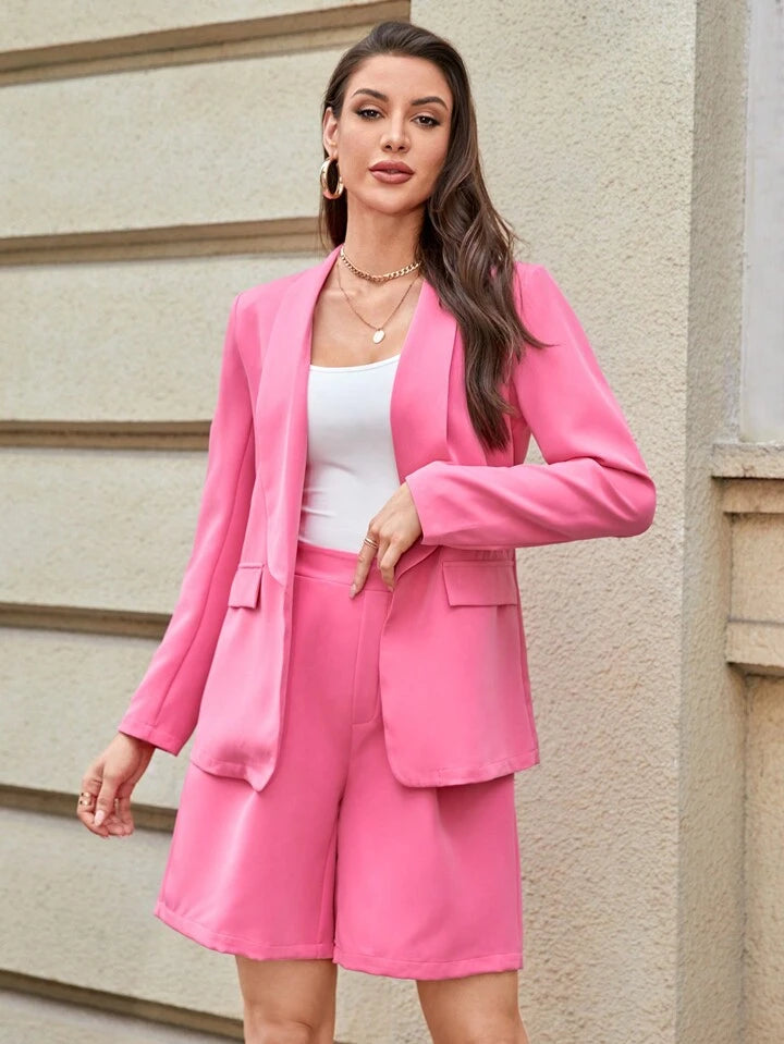 CM-SS912112 Women Elegant Seoul Style Shawl Collar Long Sleeve Blazer With Pocketed Shorts - Set