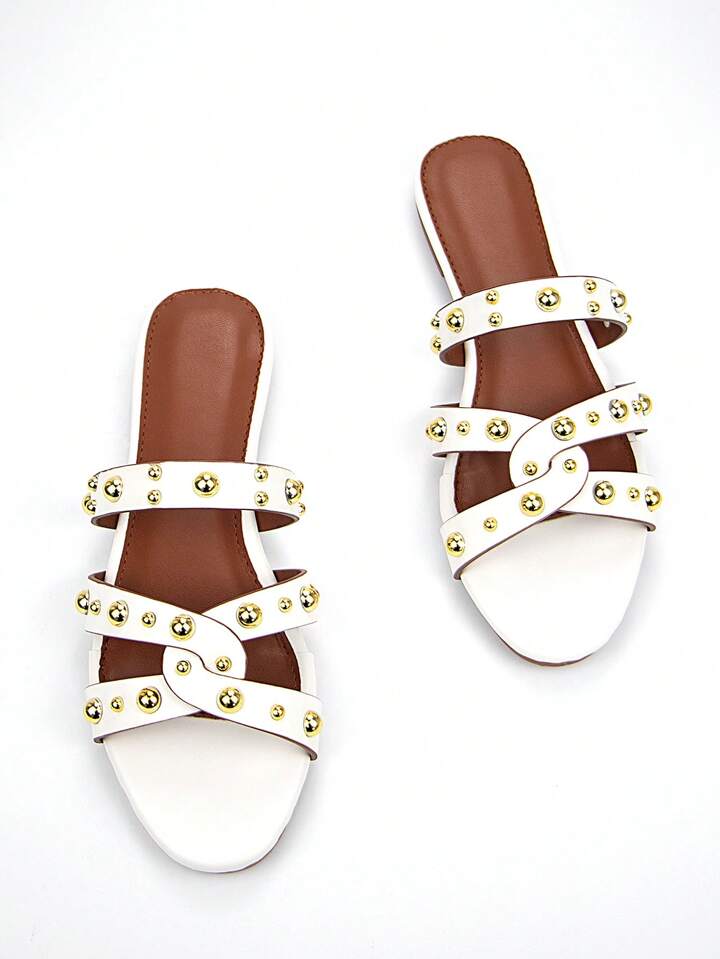 CM-SHS555173 Women Trendy Seoul Style Gold Rivet Decor Cutout PU Contrast Edged Round Toe Slip-On Flat Sandals