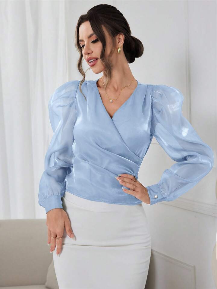 CM-TS584060 Women Elegant Seoul Style Solid Color V-Neck Puff Sleeve Wrap-Around Shirt - Baby Blue