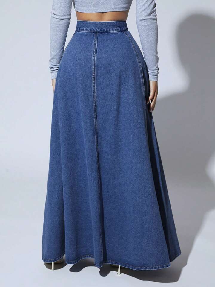CM-BS749524 Women Casual Seoul Style Medium Wash High Waist Button Front Extra Long Denim Skirt