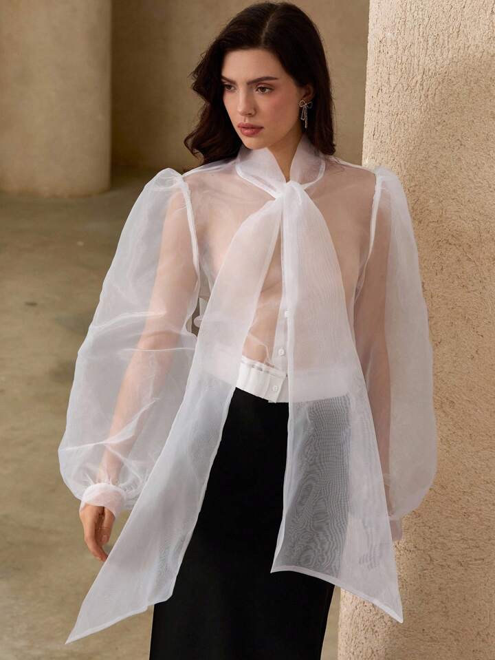 CM-TS713635 Women Elegant Seoul Style Tie Neck Puff Sleeve Organza Sheer Bowknot Blouse - White
