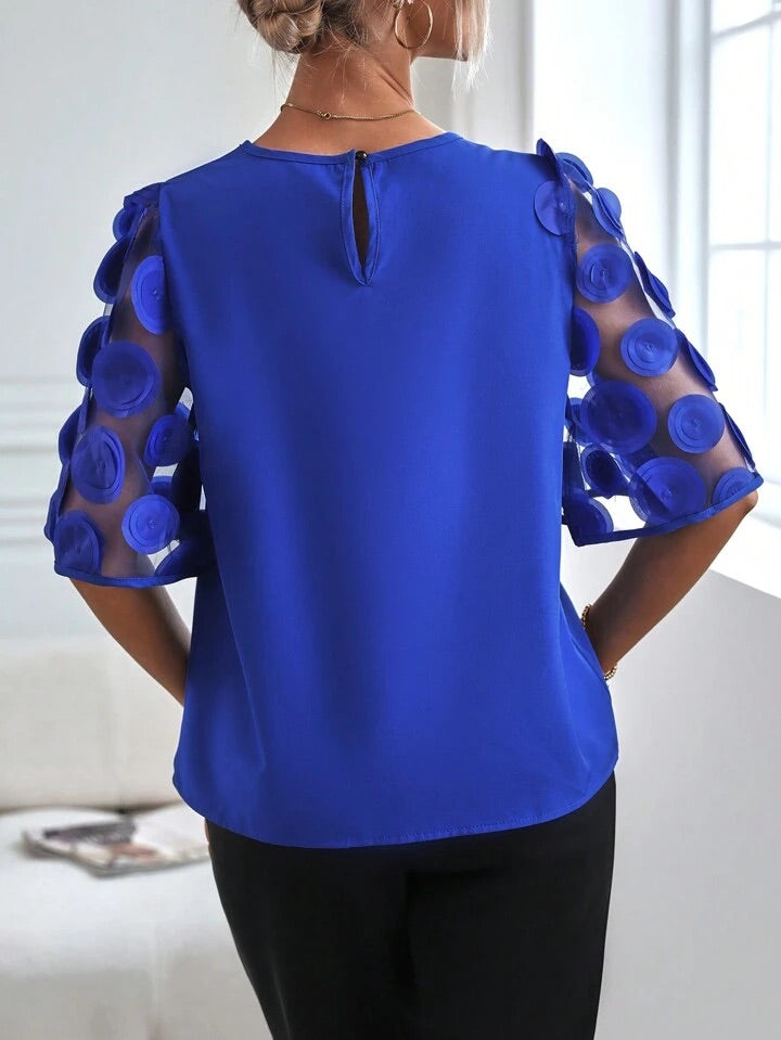 CM-TS705685 Women Casual Seoul Style Round Neck Contrast Mesh Sleeve Blouse - Royal Blue