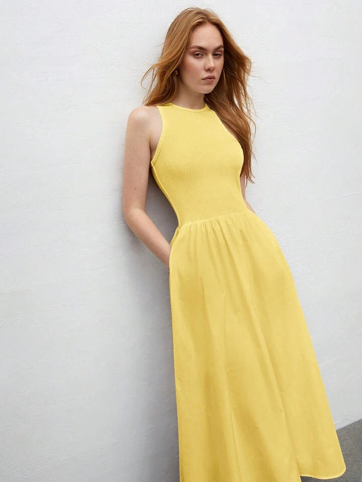 CM-DS644434 Women Trendy Bohemian Style Round Neck Sleeveless High Waist Slim Fit Dress - Yellow