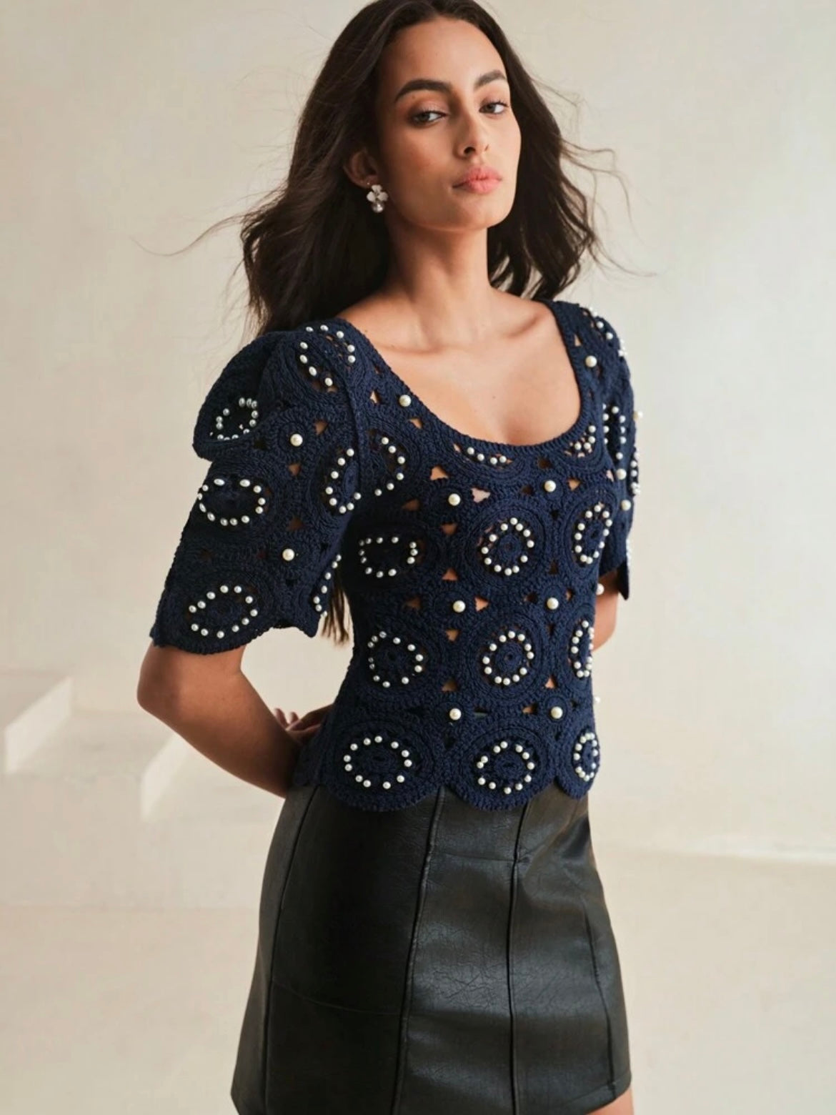 CM-TS769097 Women Casual Seoul Style Crochet Hollow-Out Balloon Sleeve Beaded T-Shirt - Navy Blue
