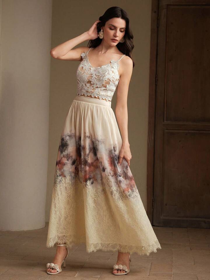 CM-BS999157 Women Elegant Seoul Style Mid Waist Contrast Lace Printed Flared Chiffon Maxi Skirt