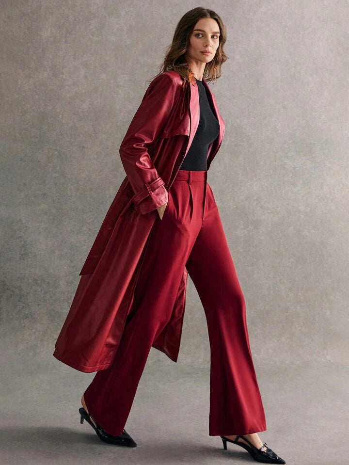 CM-BS561105 Women Elegant Seoul Style Solid Color Flare Leg Pocket Detail Long Pants - Burgundy