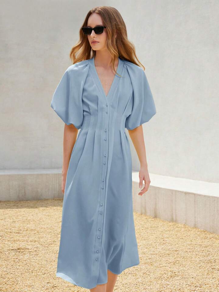 CM-DS333338 Women Elegant Seoul Style Solid Color Chiffon Cinched Waist Puff Sleeve Open Front Long Dress - Blue