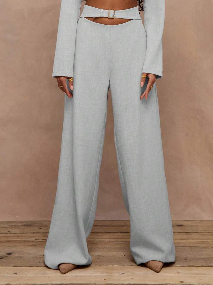 CM-BS560566 Women Elegant Seoul Style Linen Woven Buckle Suit Trouser - Light Gray