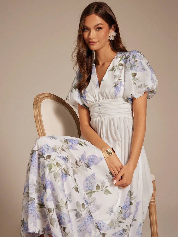 CM-DS779200 Women Elegant Seoul Style Tropical Lavander Print V-Neck Puff Sleeve Waist Cinched Maxi Dress