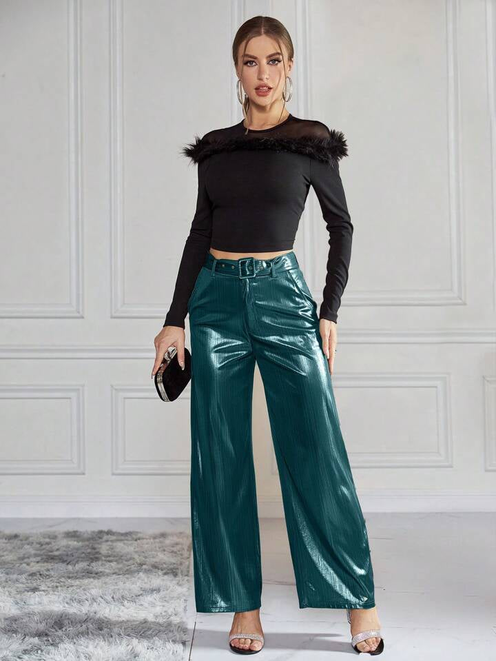 CM-BS923179 Women Elegant Seoul Style High Waist Belted Metallic Wide Leg Pants - Teal Blue