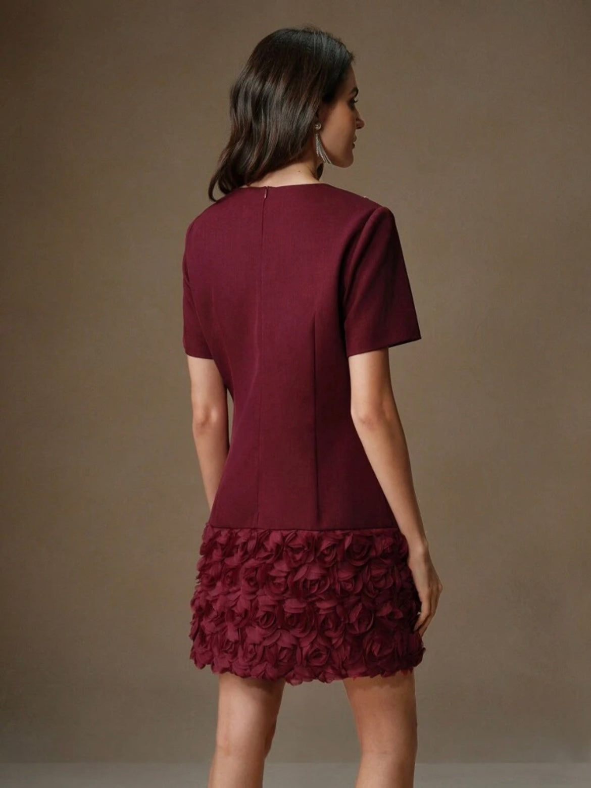 CM-DS620220 Women Elegant Seoul Style Round Neck Short Patchwork Rose Sequin Dress - Burgundy