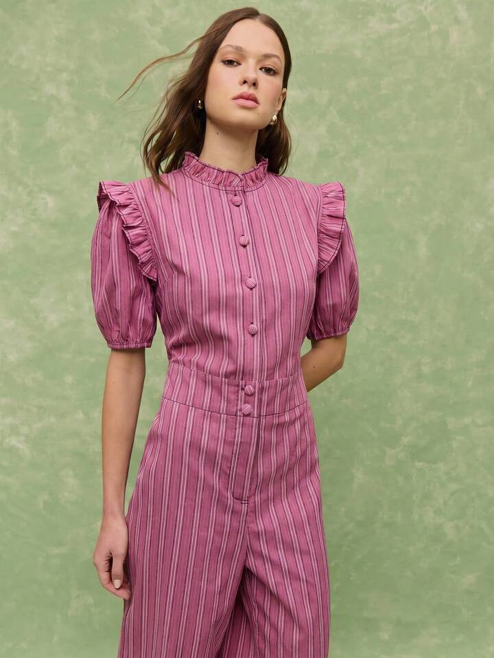 CM-JS310763 Women Casual Seoul Style Ruffled Collar Puff Sleeve Wide Leg Pinstripe Jumpsuit - Red