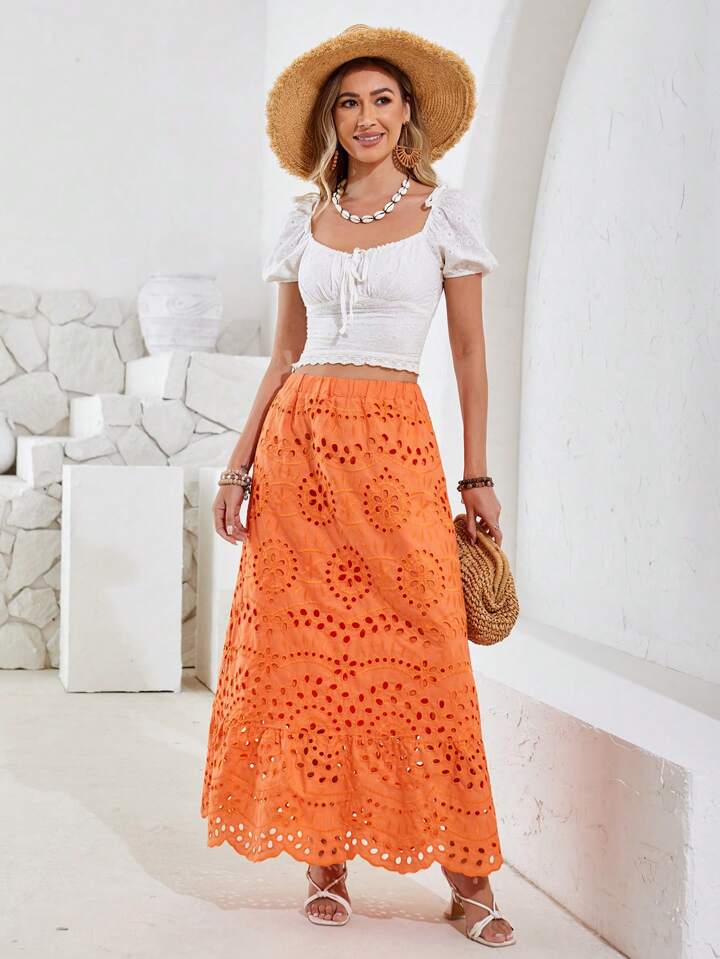 CM-BS622922 Women Trendy Bohemia Style Cut-Out Embroidered Long Skirt - Orange