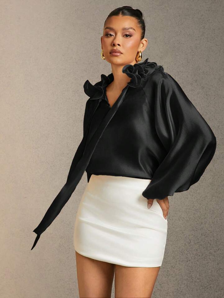 CM-TS753025 Women Elegant Seoul Style Solid Color Ruffle Trim Tie Neck Lantern Sleeve Blouse - Black