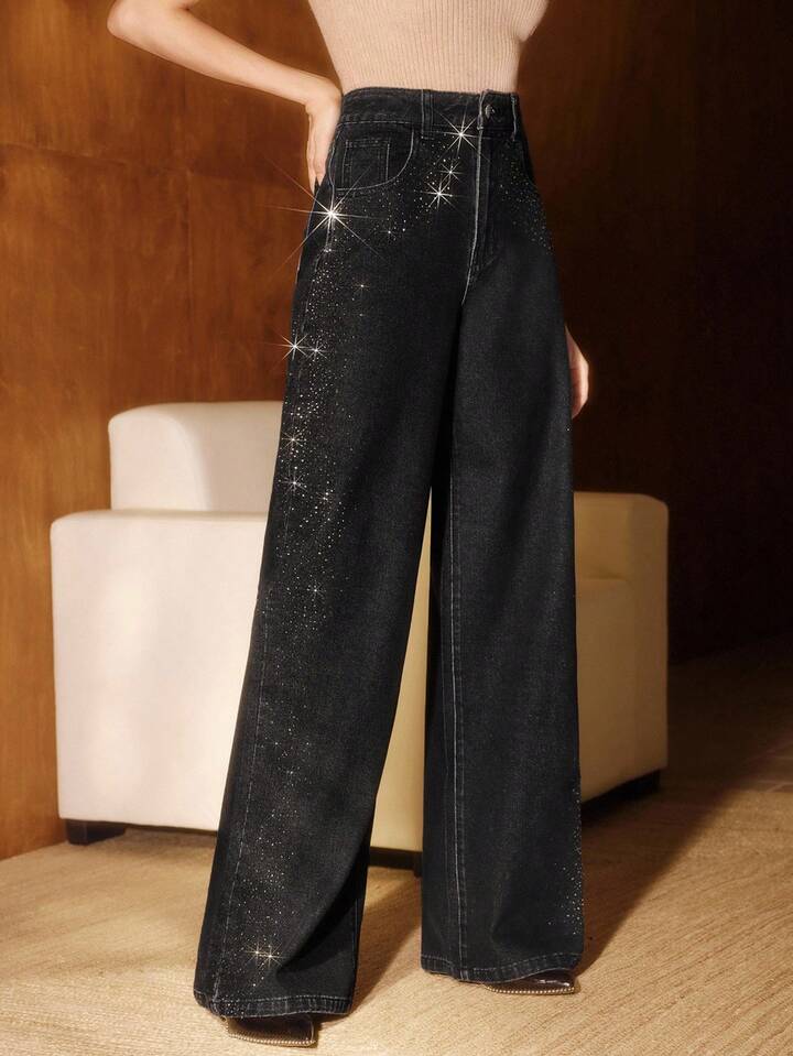 CM-BS901349 Women Elegant Seoul Style Mid Waist Rhinestone Embellished Straight Leg Jeans - Black