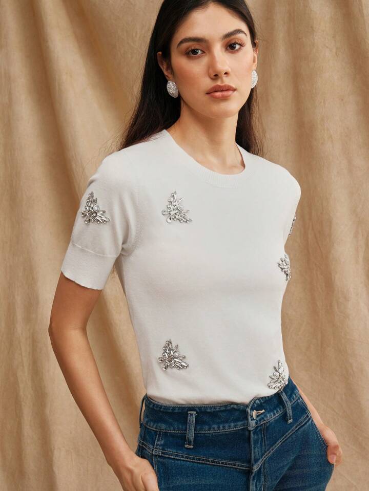 CM-TS417773 Women Casual Seoul Style Butterfly Diamond Decor Short Sleeve T-Shirt - White