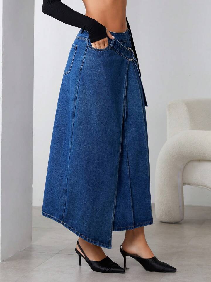 CM-BS878352 Women Casual Seoul Style Dark Wash Pleated Pocket Minimalist Denim Skirt
