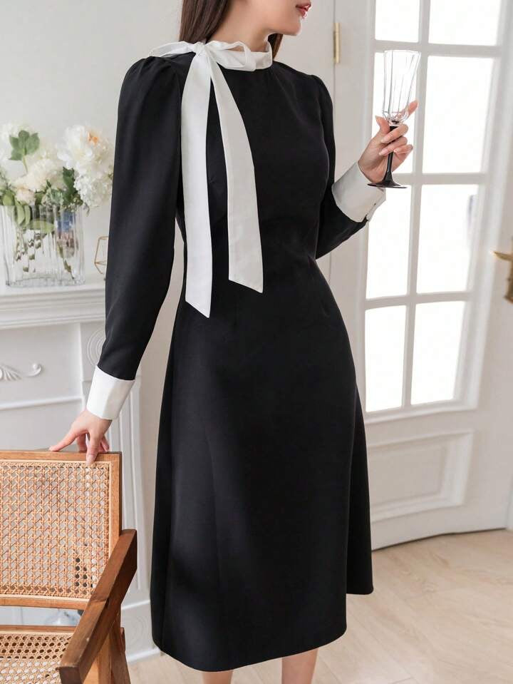CM-DS713415 Women Elegant Seoul Style Round Neck Colorblock Collar Long Sleeve Dress - Black
