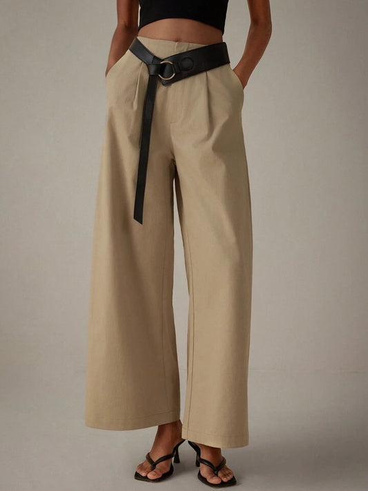 CM-BS217926 Women Casual Seoul Style Color Block Wide-Legged Cargo Pants - Khaki