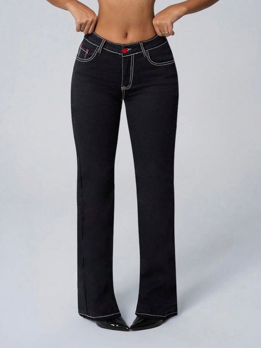 CM-BS111090 Women Casual Seoul Style Pocket Detail Stright Leg Washed Denim Jeans - Black