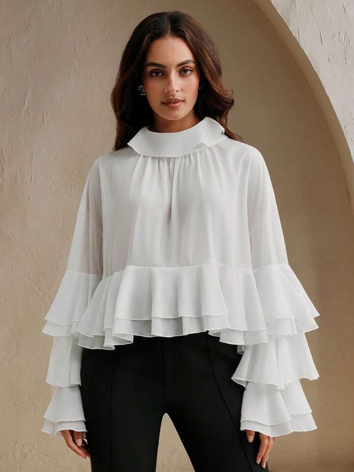 CM-TS115271 Women Elegant Seoul Style Flounce Collar Long Sleeve Silk Chiffon Shawl Top Ruffle Hem Loose Blouse