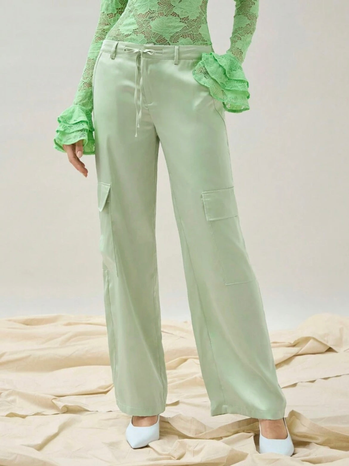 CM-BS742419 Women Casual Seoul Style Solid Color Belted Pocketed Wide Leg Trousers - Mint Green