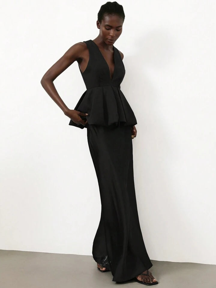 CM-TS127578 Women Elegant Seoul Style Deep V-NeckSleeveless Ruffle Hem Design Blouse - Black