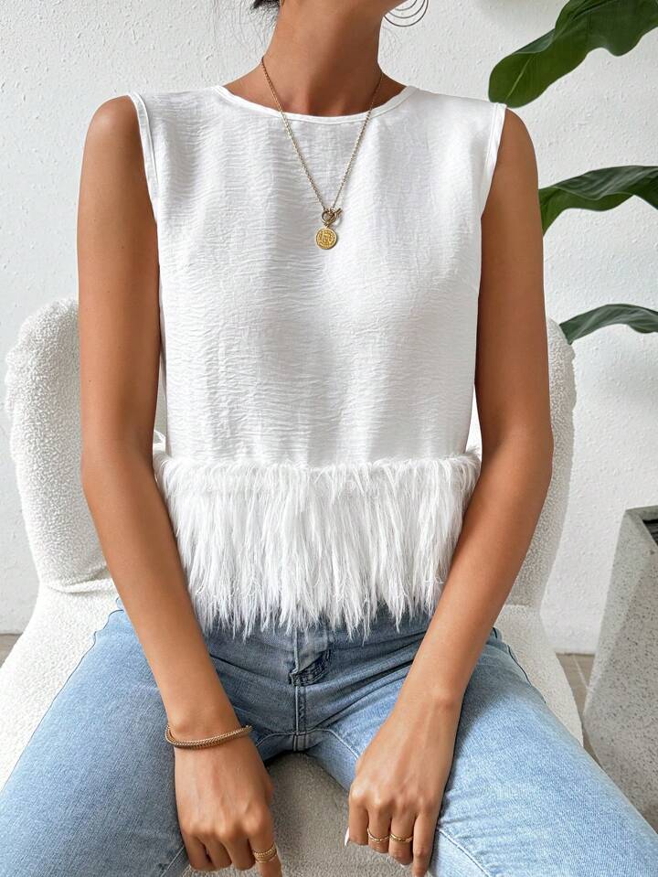 CM-TS998788 Women Casual Seoul Style Round Neck Sleeveless Loose Furry Hem Blouse - White