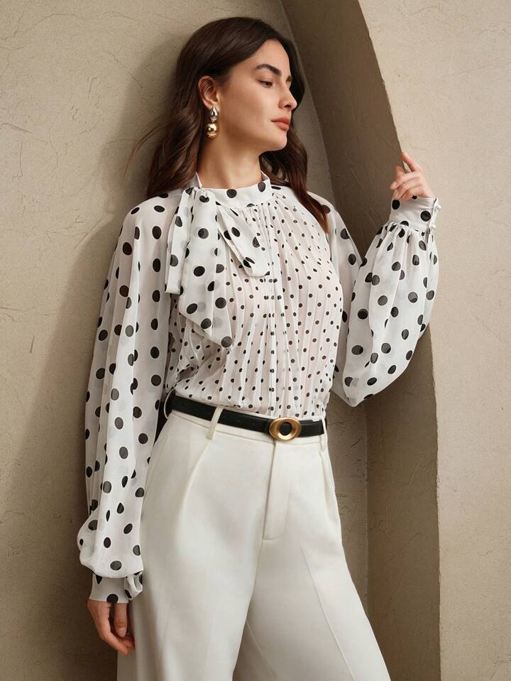 CM-TS733415 Women Elegant Seoul Style Stand Collar Polka Dot Print Pleated Tied Long Sleeve Blouse