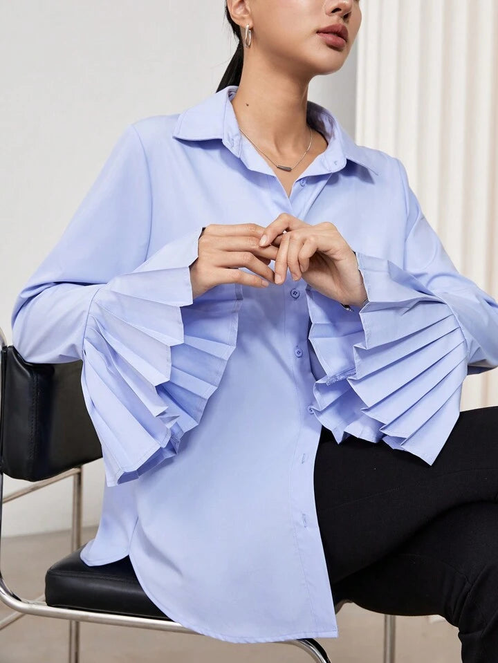CM-TS093158 Women Casual Seoul Style Collar Neckline Asymmetrical Ruffled Cuffs Shirt - Blue