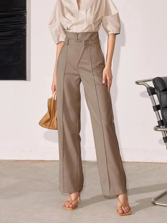 CM-BS423513 Women Elegant Seoul Style High Waist Seam Detail Suit Pants - Khaki