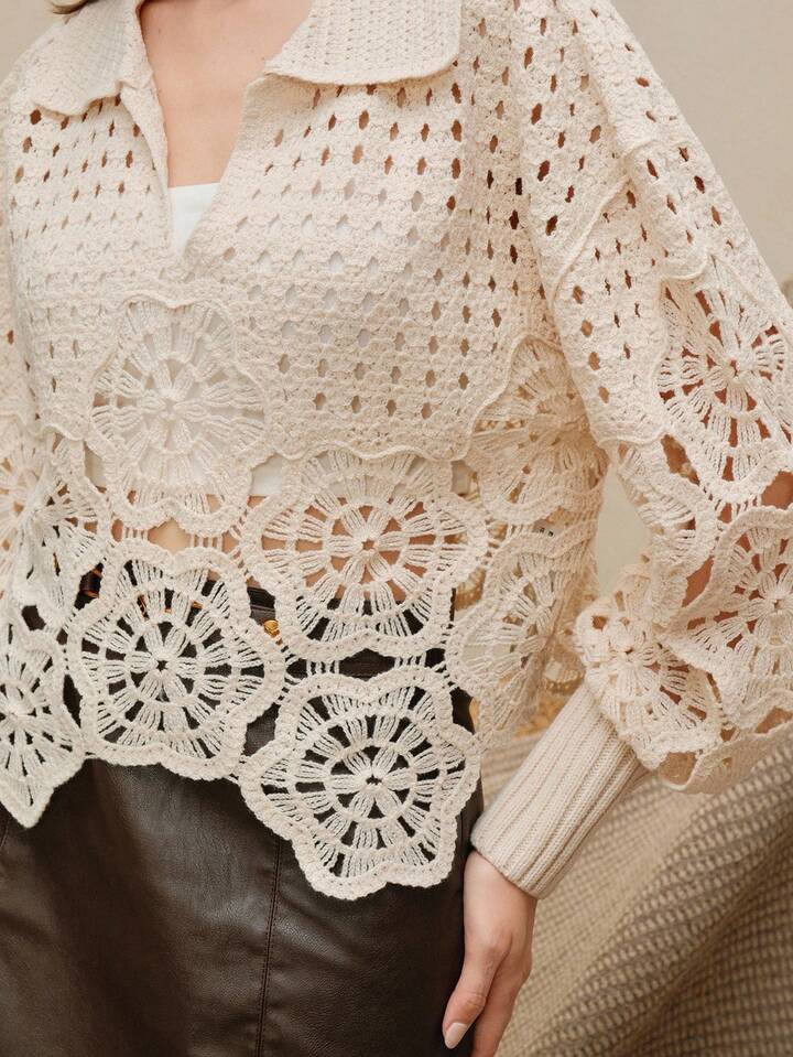 CM-CS191991 Women Elegant Seoul Style Loose Fit Turndown Collar Hollow Out Long Sleeve Sweater - Apricot