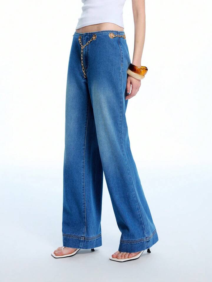 CM-BS250871 Women Casual Seoul Style Low Waist Metal Chain Decor Straight Leg Loose Jeans - Blue