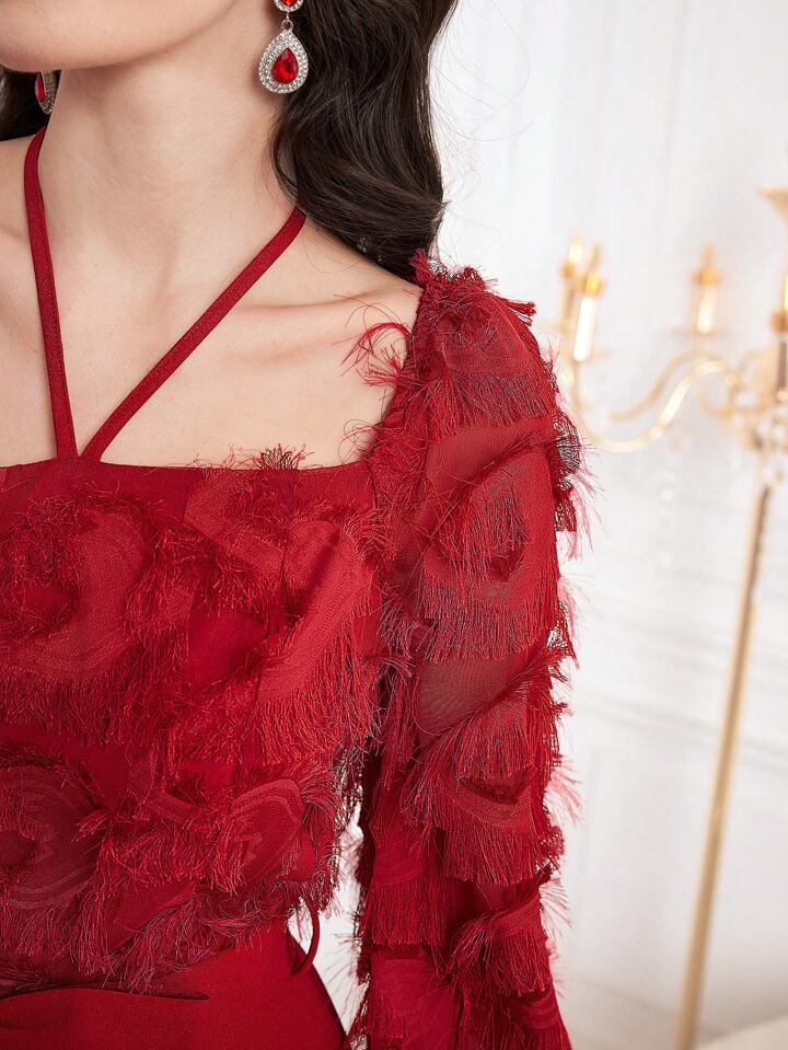 CM-JS726866 Women Elegant Seoul Style Square Neck Lantern Sleeve Waist Belt Jumpsuit - Red