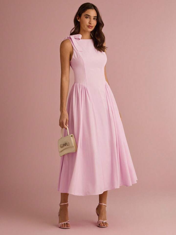 CM-DS311915 Women Elegant Seoul Style Bowknot Shoulder Sleeveless Pleated Long Dress - Pink