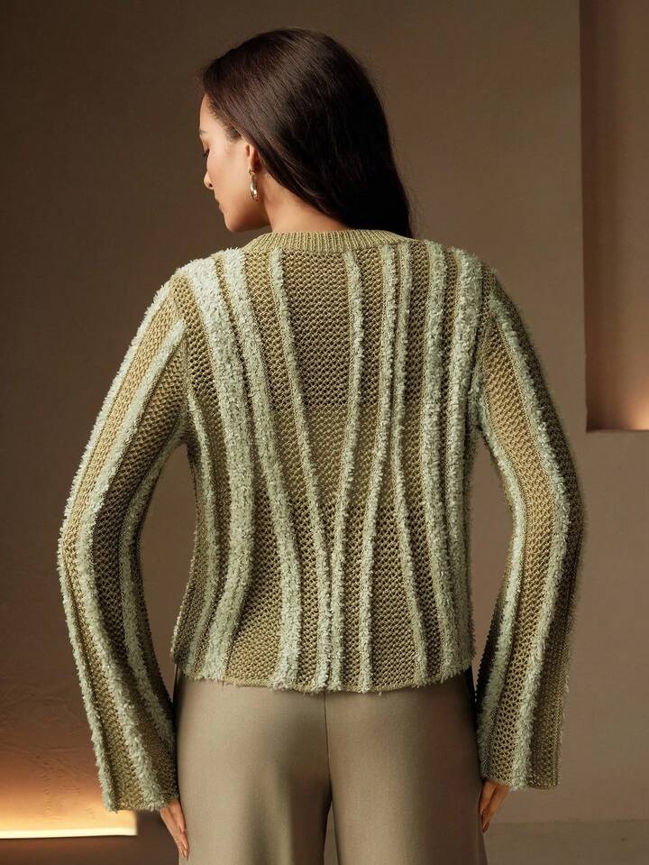 CM-CS844479 Women Casual Seoul Style V-Neck Long Sleeve Single-Breasted Striped Hollow Out Knitted Cardigan