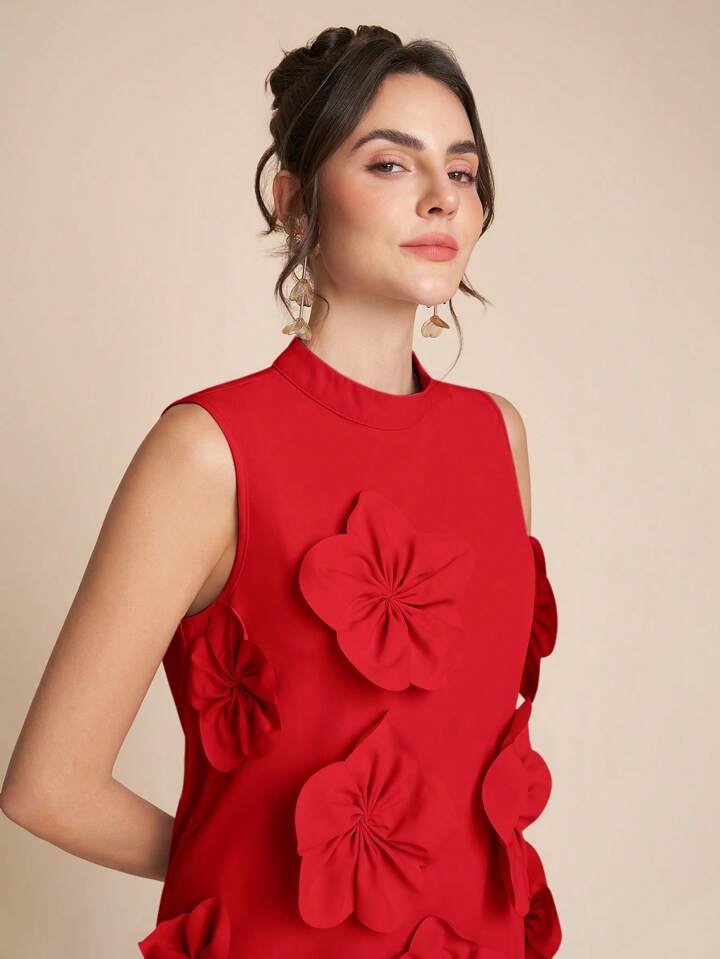 CM-SS257117 Women Elegant Seoul Style Stand Colllar Sleeveless 3D Floral Decor Top With Wide Leg Pants - Set