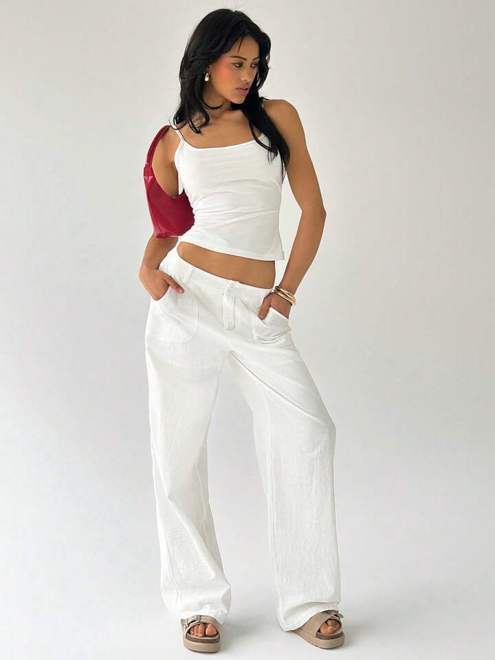 CM-BS275741 Women Casual Seoul Style Solid Color Low Waist Loose Straight Leg Pants - White