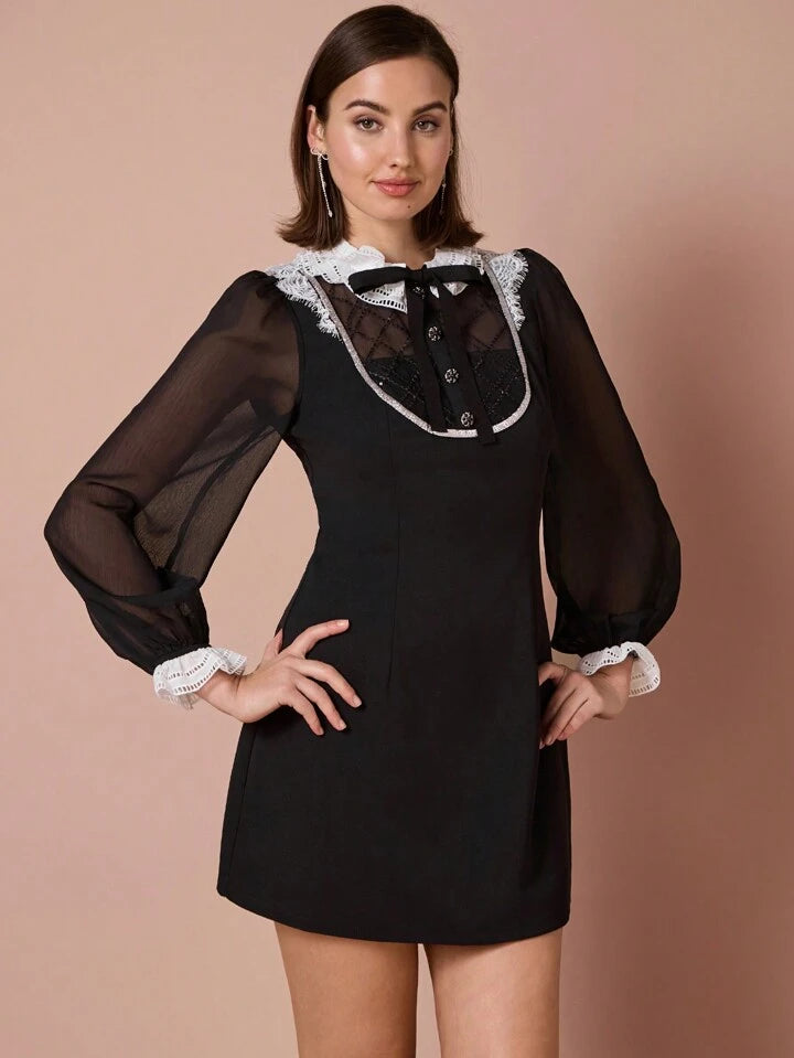 CM-DS402412 Women Elegant Seoul Style Bow Tie Gem Buttons Decor Lace Sequin Long Sleeves Mini Dress