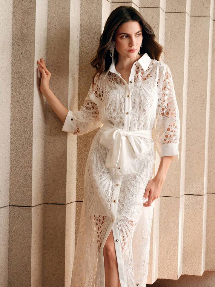 CM-DS168582 Women Elegant Seoul Style Collar Neckline Mid-Sleeve Lace Embroidered Midi Dress - White
