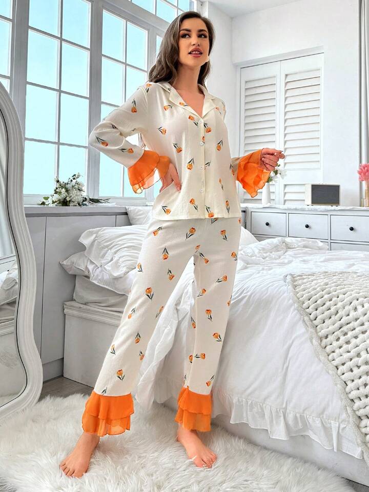 CM-LS933193 Women Trendy Seoul Style Floral Print Patchwork Ruffle Trim Decorated Pajama Set