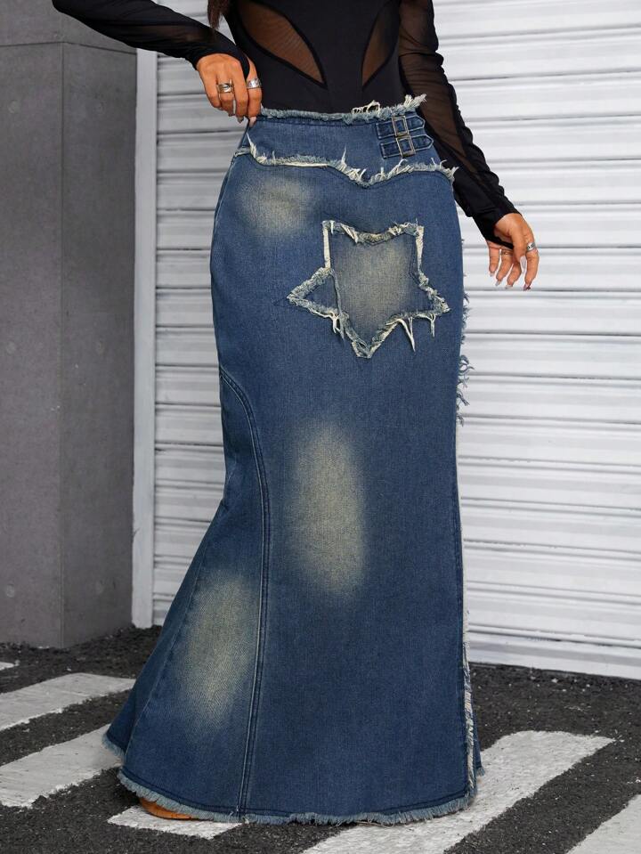 CM-BS734918 Women Casual Seoul Style Medium Wash Drop Waist Frayed Hem Denim Mermaid Skirt