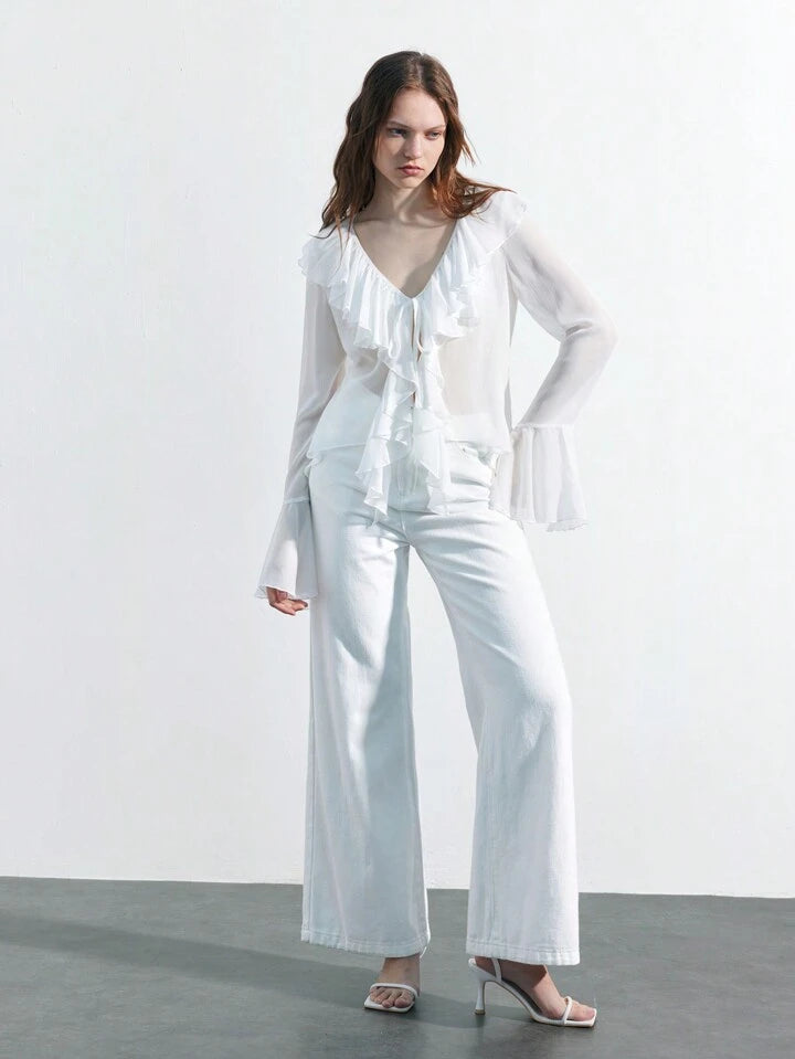 CM-TS244649 Women Casual Seoul Style Solid Color Ruffle Trim Flare Sleeve Blouse - White