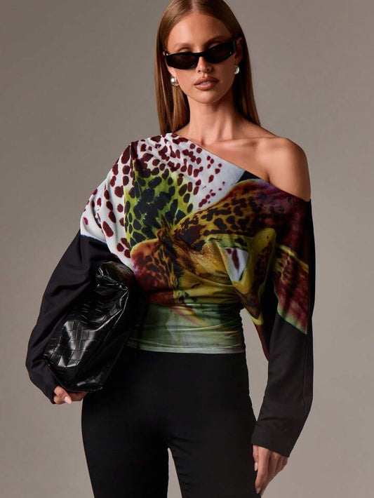 CM-TS864362 Women Casual Seoul Style Floral Pattern Design Long Sleeve Asymmetrical Off Shoulder Blouse