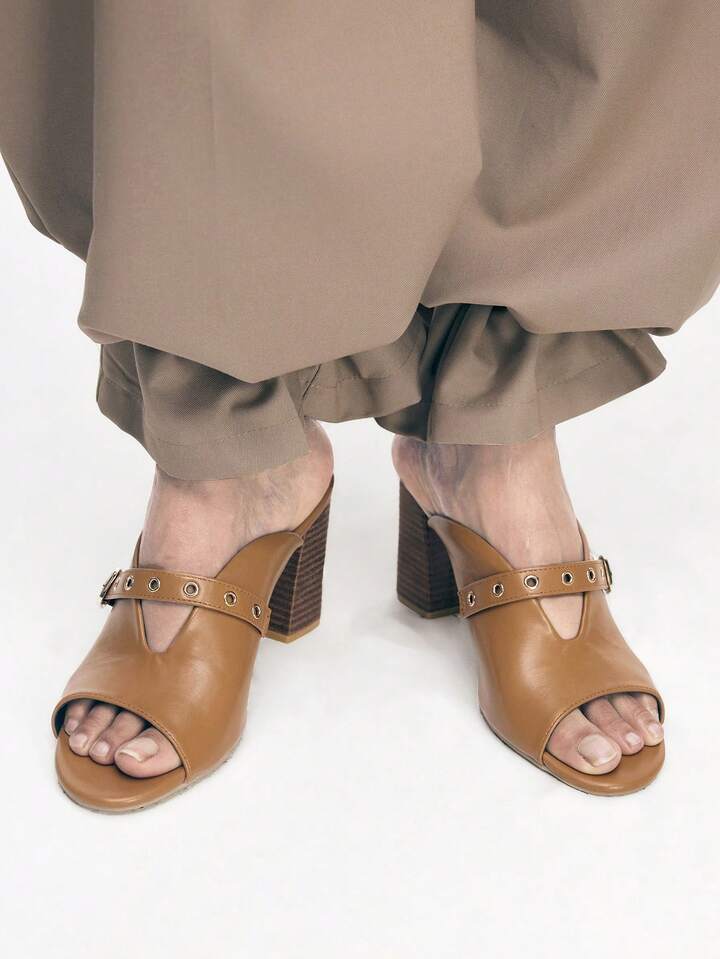 CM-SHS200704 Women Trendy Seoul Style Strap Square Heel High Heel Sandals - Brown