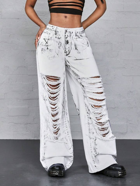 CM-BS860642 Women Casual Seoul Style Digital Printed Distressed Washed Denim Jeans - White