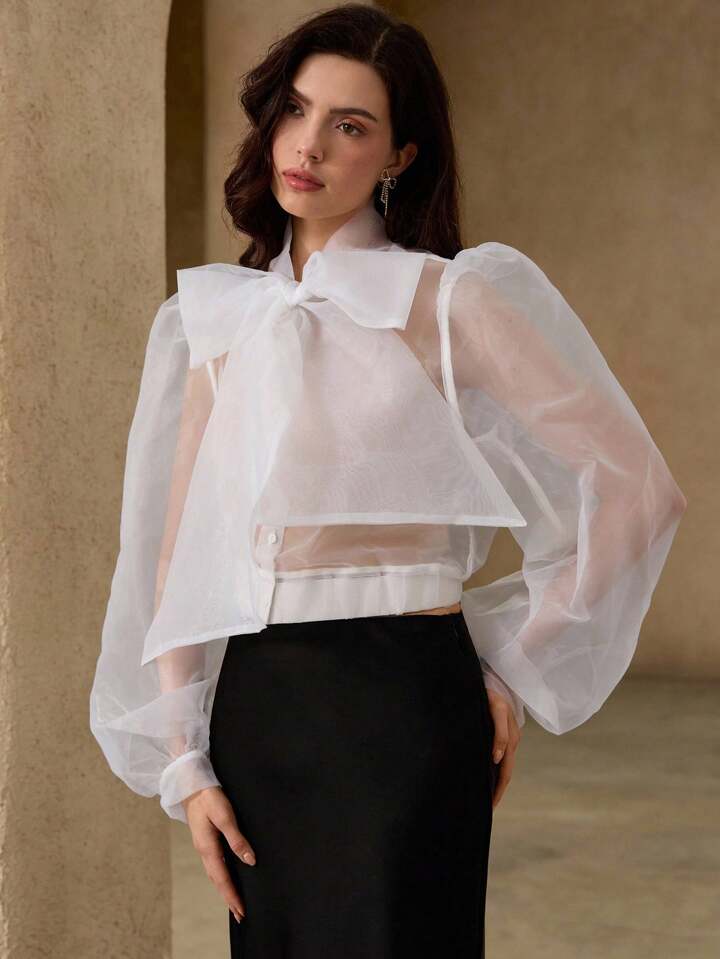 CM-TS713635 Women Elegant Seoul Style Tie Neck Puff Sleeve Organza Sheer Bowknot Blouse - White