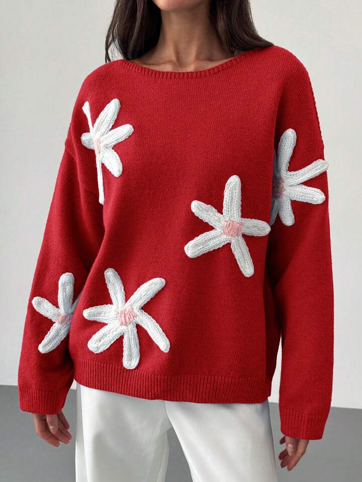 CM-CS900110 Women Casual Seoul Style 3D Floral Decoration Loose Fit Long Sleeve Sweater - Red