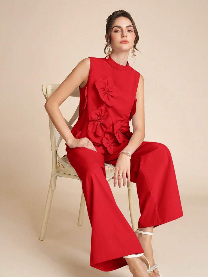 CM-SS257117 Women Elegant Seoul Style Stand Colllar Sleeveless 3D Floral Decor Top With Wide Leg Pants - Set